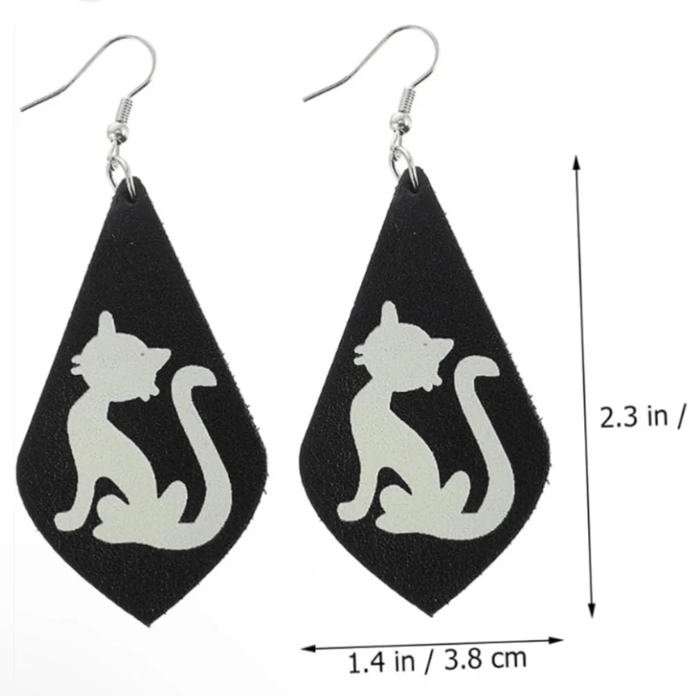 Black Cat Faux Leather Dangle Halloween Earrings